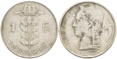 БЕЛЬГИЯ 1 ФРАНК 1972 BELGIE KM 143.1 медно-никель 217-832