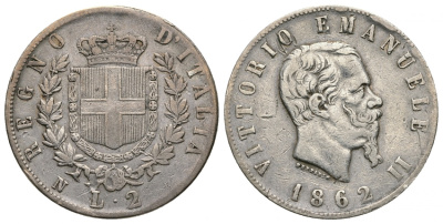 Италия 2 лиры 1862 N, Виктор Эммануил II, самый редкий год, тип одного года KM 6.2 серебро 00-820-57