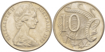 Австралия 10 центов 1983 Елизавета II (1952-), птица лирахвост KM 65 медно-никель UNC 4539-1122