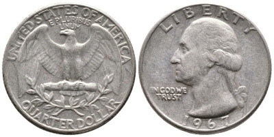 США 25 центов (квотер) 1967 Вашингтон KM 164а медь плакированная медно-никелем 4364-435