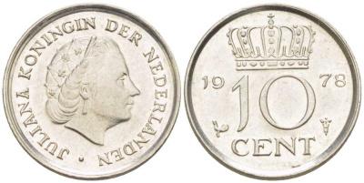 Нидерланды 10 центов 1978 Юлиана (1948-1980) КМ 182 никель 211-1234
