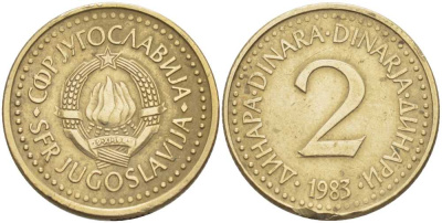 Югославия 2 динара 1983 KM 87 никель латунь 210-815