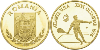 Румыния 100 леев 1996 XXVI Олимпийские игры 1996 года в Атланте, 100 лет Олимпийскому движению, большой теннис, пробный выпуск KM PnD 315.A латунь  PROOF  11-204-42