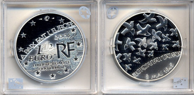 Франция 1 1/2 евро 2005 60 лет мира в Европе, голуби мира КМ 1441 серебро PROOF 5-3-1-50