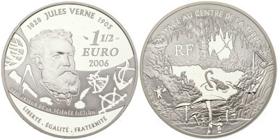 Франция 1 1/2 евро 2006 Жюль Верн, путешествие к центру Земли, в оригинальной коробке KM 2064 серебро  PROOF  3-4-11-19