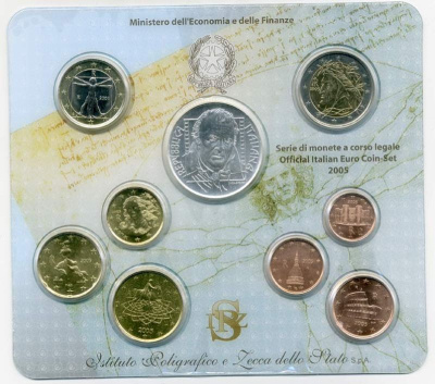 Италия набор из 9 монет 2005 включая 5 евро Федерико Феллини серебро UNC 4-5-3-05