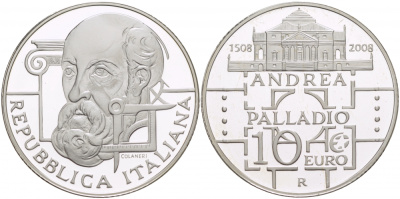 Италия 10 евро 2008 500 лет со дня рождения Андреа Палладио KM 305 серебро PROOF 01-163-45
