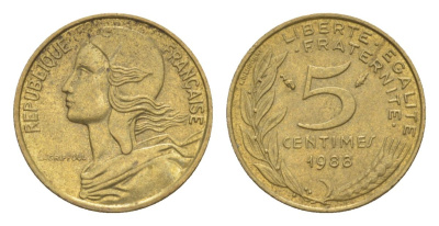 Франция 5 сантимов 1988 тип Morlon KM 933, Le Franc 125.24 алюминиевая бронза 4630-344