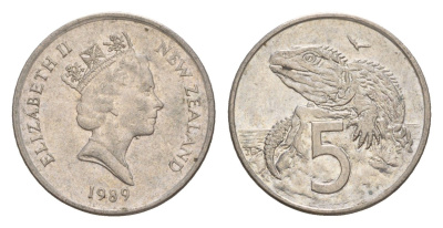 Новая Зеландия 5 центов 1989 Елизавета II (1952-2022), ящерица гаттерия KM 60 медно-никель 4594-415