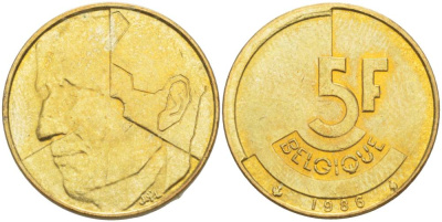 БЕЛЬГИЯ 5 ФРАНКОВ 1986 BELGIQUE, БОДУЭН I (1951-1993) KM 163 латунь или алюминиевая бронза 4546-251