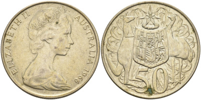 Австралия 50 центов 1966 Елизавета II (1952-2022), герб Австралии, кенгуру KM 67 серебро 4131-632