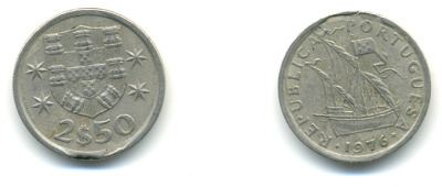 ПОРТУГАЛИЯ 2,5 ЭСКУДО 1976 ПАРУСНИК KM 590 медно-никель 3999-834