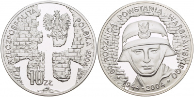 Польша 10 злотых 2004 MW, 60 лет Варшавскому восстанию 1944 года KM 497 серебро PROOF 1068-6-64