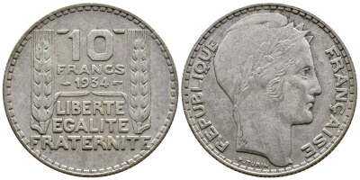 Франция 10 франков 1931 Пьер Тюрен KM 878, Le Franc 360.4 серебро 4683-822
