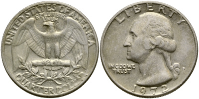 США 25 центов (квотер) 1972 D, Вашингтон KM 164а медь плакированная медно-никелем 4388-327