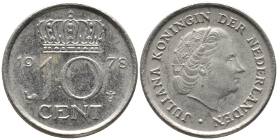 Нидерланды 10 центов 1978 Юлиана (1948-1980) КМ 182 никель 96-1249