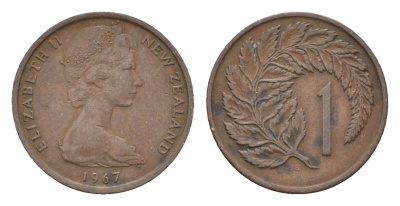 Новая Зеландия 1 цент 1967 Елизавета II (1952-2022), лист папоротника KM 31.1 бронза 4669-617