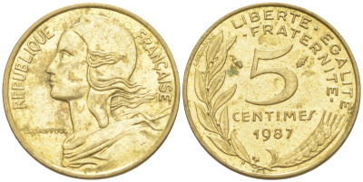 Франция 5 сантимов 1987 тип Marianne KM 933, Le Franc 125.23 медь алюминий никель 187-431