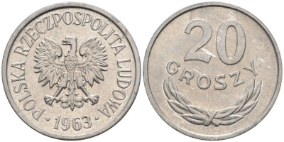 Польша 20 грошей 1963 MW KM А47 алюминий 4564-1058