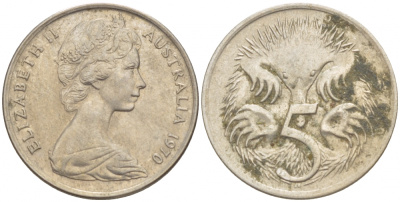 АВСТРАЛИЯ 5 ЦЕНТОВ 1970 ЕЛИЗАВЕТА II, МОЛОДОЙ ПОРТРЕТ, ЕХИДНА KM 64 медно-никель 4532-554