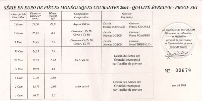 Монако евронабор из 9 монет 2004 в оригинальной коробке с сертификатом биметалл PROOF 4-3-2-09