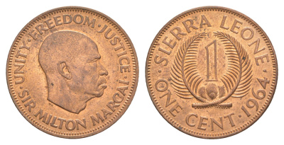 Сьерра-Леоне 1 цент 1964 Милтон Маргаи KM 16 бронза UNC 4610-822