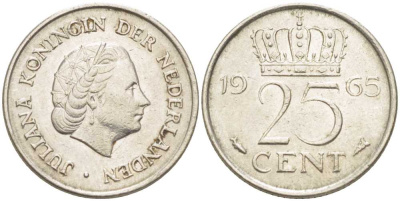 Нидерланды 25 центов 1965 Юлиана (1949-1980) KM 183 никель 214-942