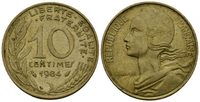 Франция 10 сантимов 1984 тип Marianne KM 929 алюминиевая бронза 4136-423
