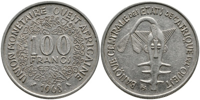 ВАЛЮТНЫЙ СОЮЗ СТРАН ЗАПАДНОЙ АФРИКИ 100 ФРАНКОВ 1968 ФЕДЕРАЦИЯ KM 4 никель 4538-311