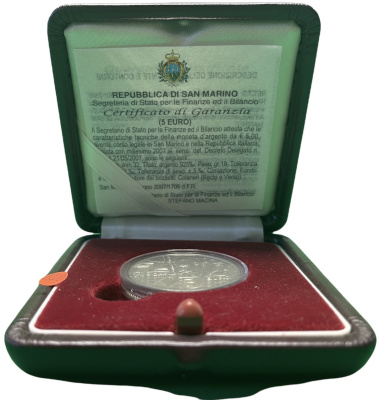 Сан-Марино 5 евро 2007 дирижер Артуро Тосканини, в оригинальной коробке, с сертификатом KM 474 серебро PROOF 4-5-1-14
