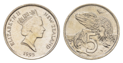 Новая Зеландия 5 центов 1995 Елизавета II (1952-2022), ящерица гаттерия KM 60 медно-никель UNC 4651-225