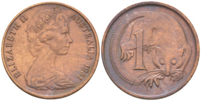 АВСТРАЛИЯ 1 ЦЕНТ 1981 ЕЛИЗАВЕТА II, МОЛОДОЙ ПОРТРЕТ, ОПОССУМ KM 62 бронза 3955-461