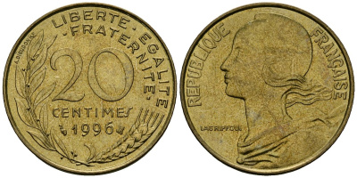 Франция 20 сантимов 1996 тип Marianne KM 930 медь алюминий никель 4135-642
