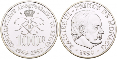 Монако 100 франков 1999 50 лет правления Ренье III KM 175 серебро UNC 1087-4-23