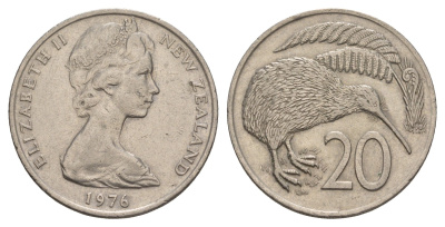 Новая Зеландия 20 центов 1976 Елизавета II (1952-2022), птичка киви KM 36.1 медно-никель 4653-441