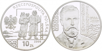 Польша 10 злотых 2008 серия польские путешественники, Бронислав Пилсудский (1866-1918) KM 649 серебро PROOF 1084-7-25