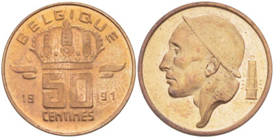 БЕЛЬГИЯ 50 САНТИМОВ 1991 BELGIQUE, БОДУЭН I (1951-1993) KM 148.1 бронза 214-646