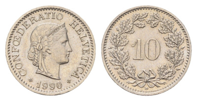 Швейцария 10 раппенов 1990 B KM 27 медно-никель 187-518