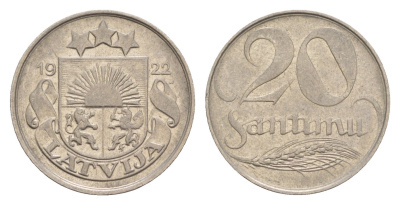 Латвия 20 сантимов 1922 год-тип KM 5 никель 4658-1242
