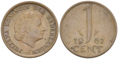 Нидерланды 1 цент 1961 Юлиана (1948-1980) КМ 180 бронза 3457-1211
