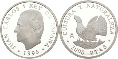 Испания 2000 песет 1995 серия культура и природа, тетерев KM 953 серебро  PROOF  1072-8-64