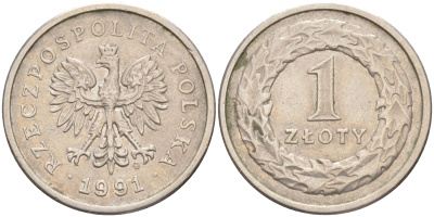 ПОЛЬША 1 ЗЛОТЫЙ 1991 MW KM 282 медно-никель 106-546