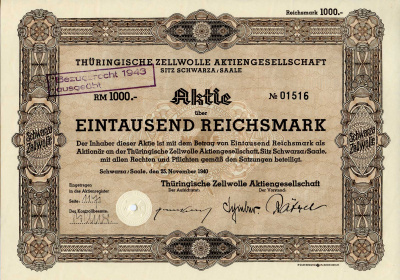 Германия 1000 рейхсмарок 1940 Тюрингская компания по производству целлюлозы, Шварца, Заале, акция   бумага   8803-125-1