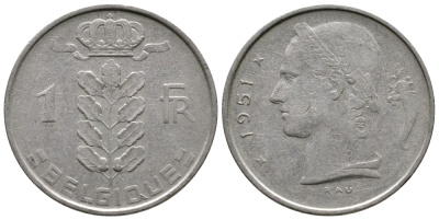 Бельгия 1 франк 1951 Belgique KM 142.1 медно-никель 259-752