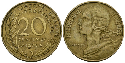 Франция 20 сантимов 1970 тип Marianne KM 930 медь алюминий никель 4135-611