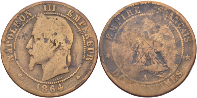 Франция 10 сантимов 1864 A, Наполеон III (1852-1870) KM 798.1, Le Franc 134.11 бронза 3460-925
