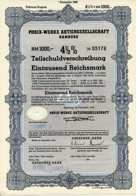 Германия 1000 рейхсмарок 1942 АО Phrix-Werke, Гамбург, 4 1/2% облигация   бумага 8804-109-1