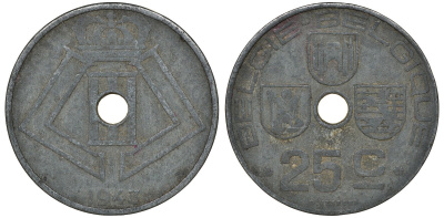 Бельгия 25 сантимов 1943 Belgie-Belgique KM 132 цинк 4163-634