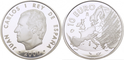 Испания 10 евро 2004 M, расширение Евросоюза, карта Европы KM 1099 серебро PROOF 01-166-25