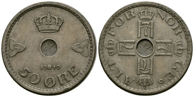 Норвегия 50 эре 1940 Хокон VII (1905-1957) KM 386 медно-никель 4584-134